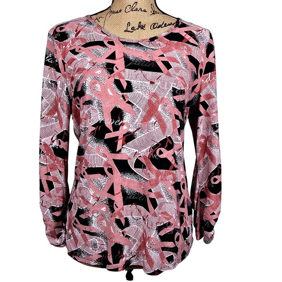 Peter Nygard Tops - Peter Nygard Long Sleeve Breast Cancer Awareness Ribbon Print Silky Top Womens M